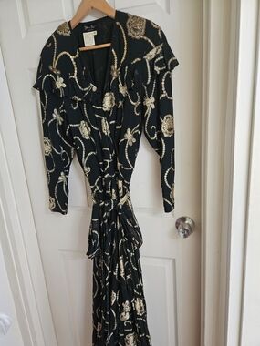 Ruffled Black Maxi Dress with Gold Chain Print